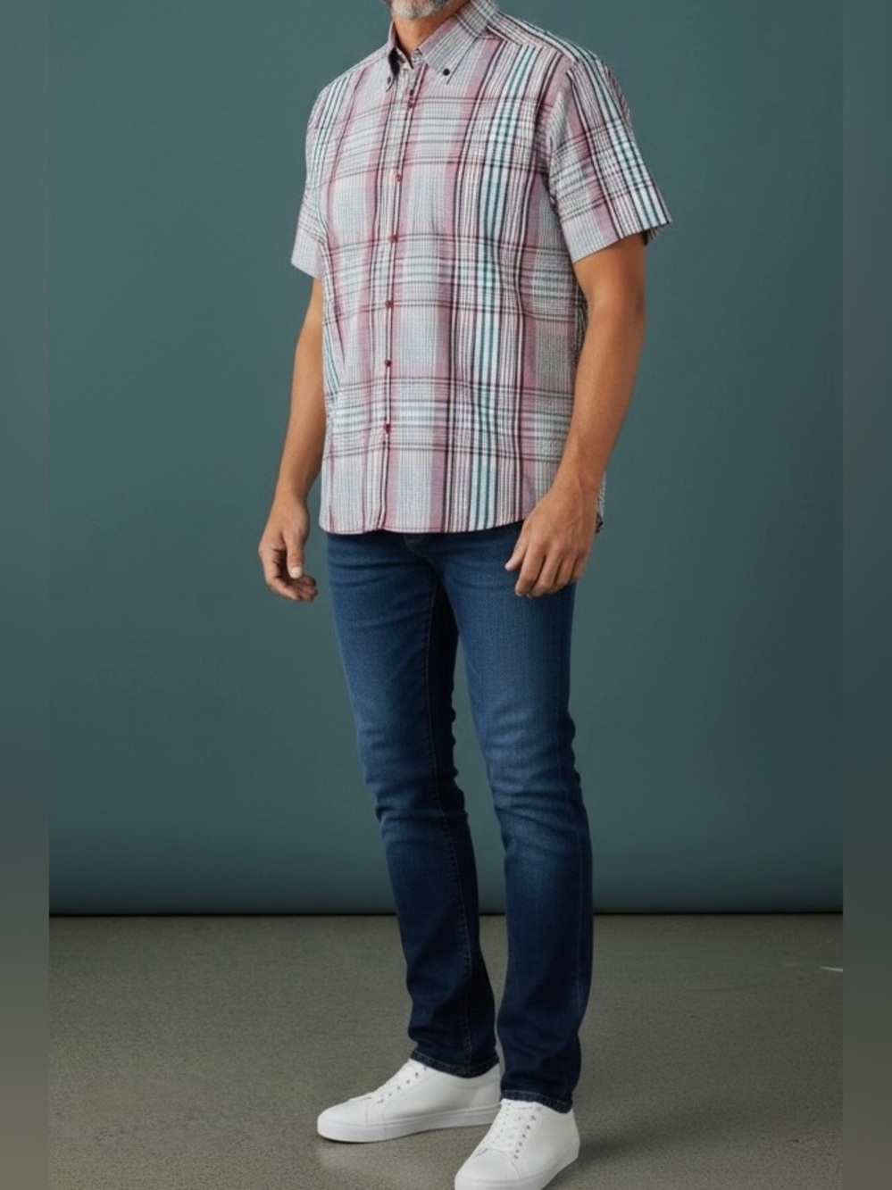 Men’s Colorful Plaid Button-Down Short Sleeve Shirt - Size Large